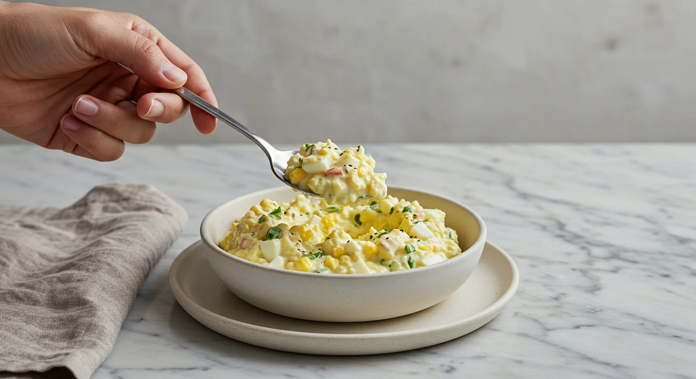 Zero Point WW Egg Salad Hand holding a spoonful of Zero Point Egg Salad above a classy plate on a marble surface with soft lighting.