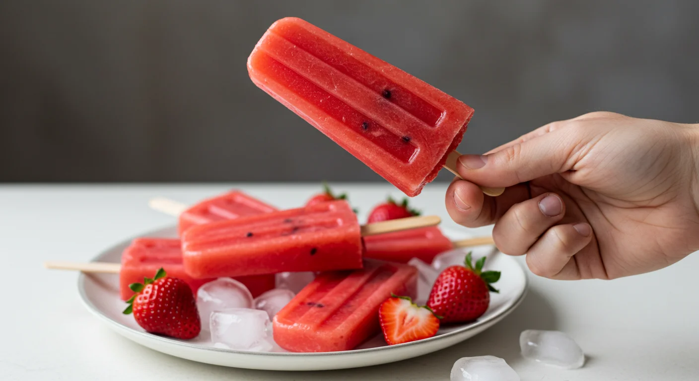 WW Zero Point Watermelon-Strawberry Popsicles Hand holding a vibrant watermelon strawberry popsicle, with a plate of popsicles, ice, and strawberries in the background on a clean white surface.