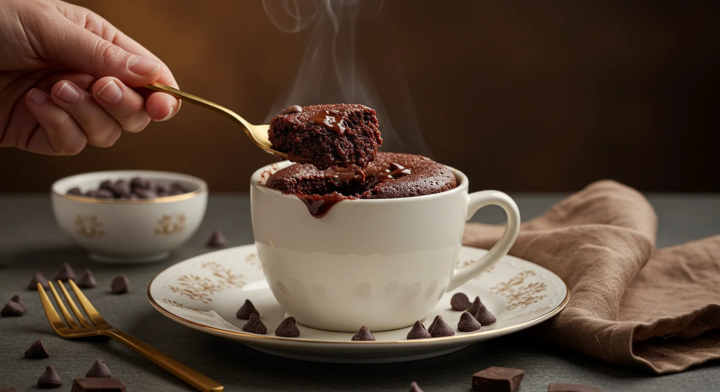 One-Point WW Chocolate Mug Cake Hand holding a spoonful of chocolate mug cake above a white plate with the remaining cake and chocolate chips, styled with warm lighting.