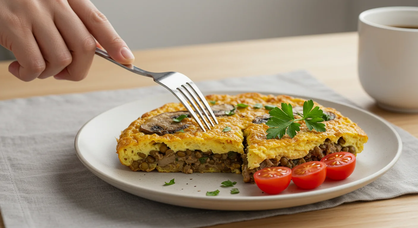 WW One-Point Protein-Packed Breakfast A plate with egg, lentil, and mushroom slice, garnished with parsley and tomatoes, as a hand holds a fork ready to eat.