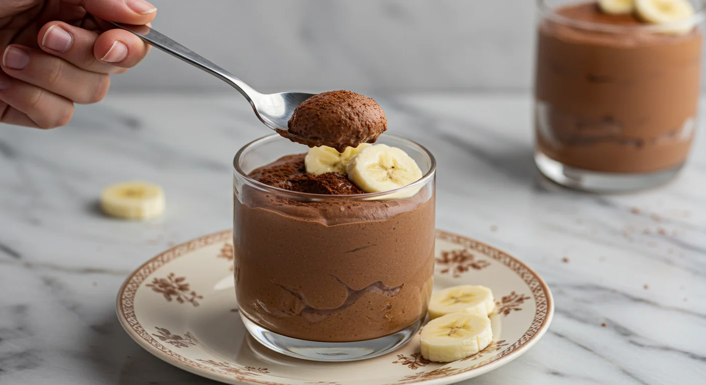 WW Zero Point Chocolate Banana Mousse Close-up of a spoon dipping into creamy WW Chocolate Banana Mousse, with banana slices and cocoa topping. Glass on a floral plate, set on a marble countertop.