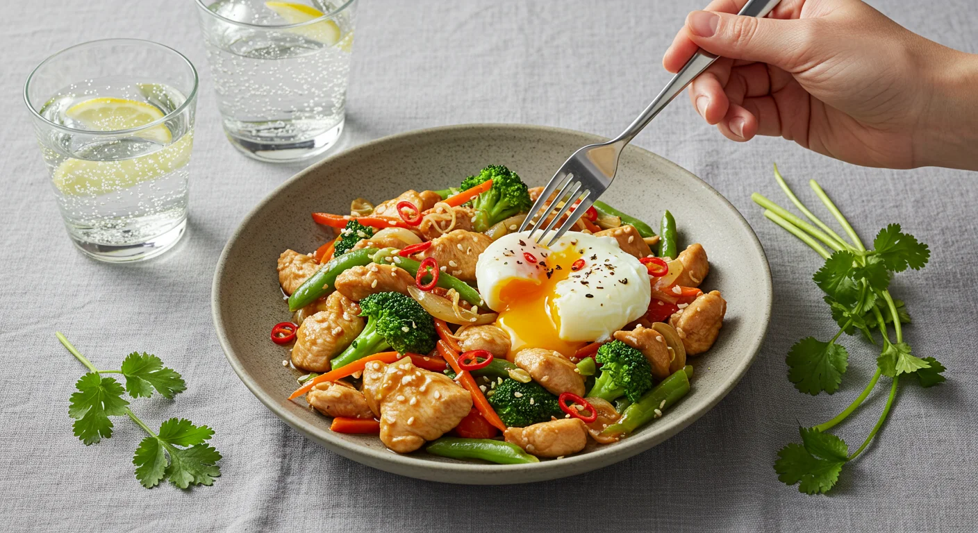 WW Zero Point Asian Chicken Stir-Fry Classy shot of WW zero point Asian chicken stir-fry with chili eggs on a modern plate, with a hand holding a fork, surrounded by minimal decor and bright lighting.