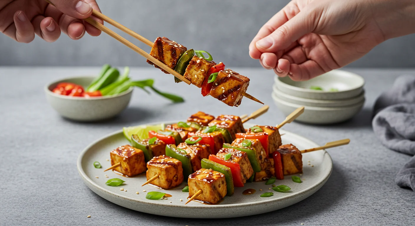 WW Satay Tofu & Peppers Hand holding a skewer of WW Satay Grilled Tofu with chopsticks, featuring tofu, mint, and a ceramic plate in a professional setting.