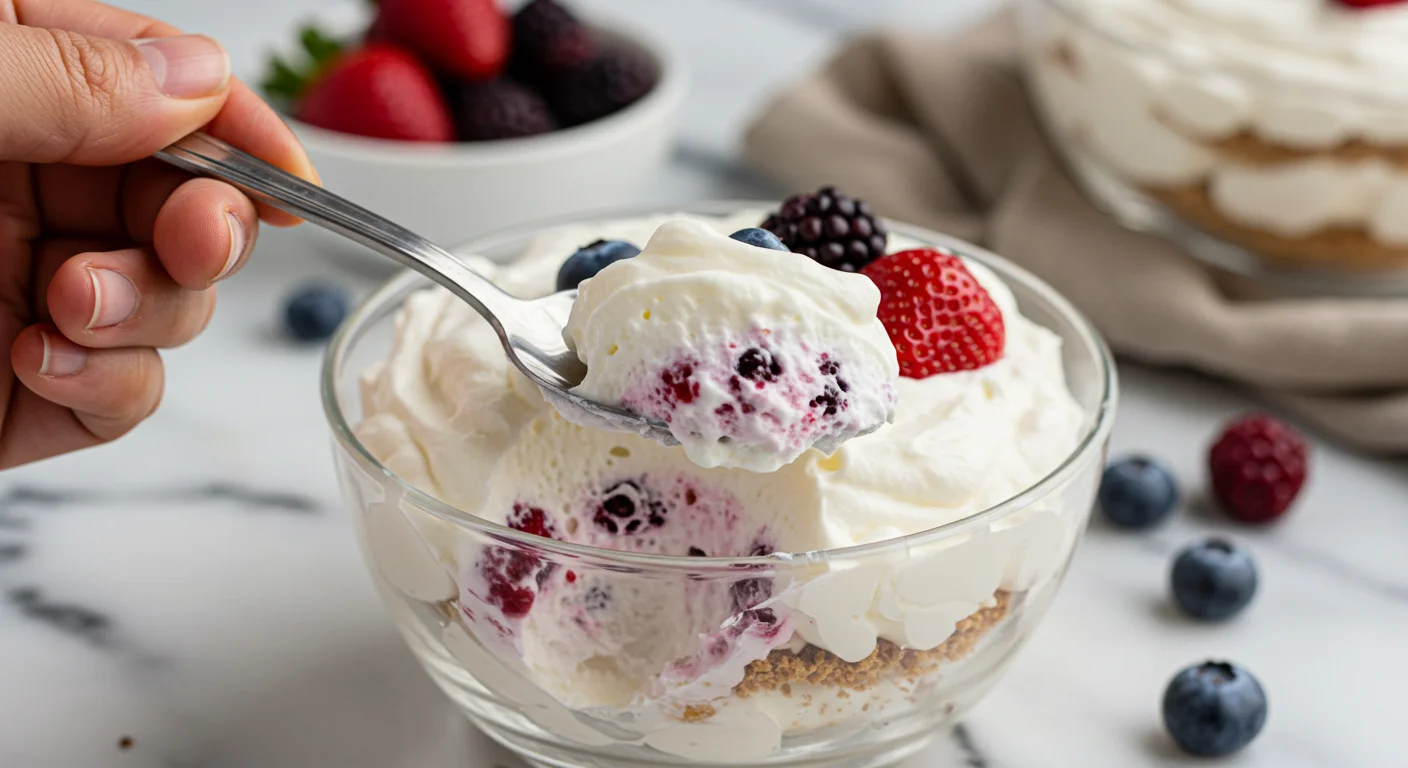 Keto Low Carb Cheesecake Salad Hand holding a spoon with a bite of Keto Low Carb Cheesecake Salad, with the dessert in a glass bowl on a marble surface and a blurred berry background.