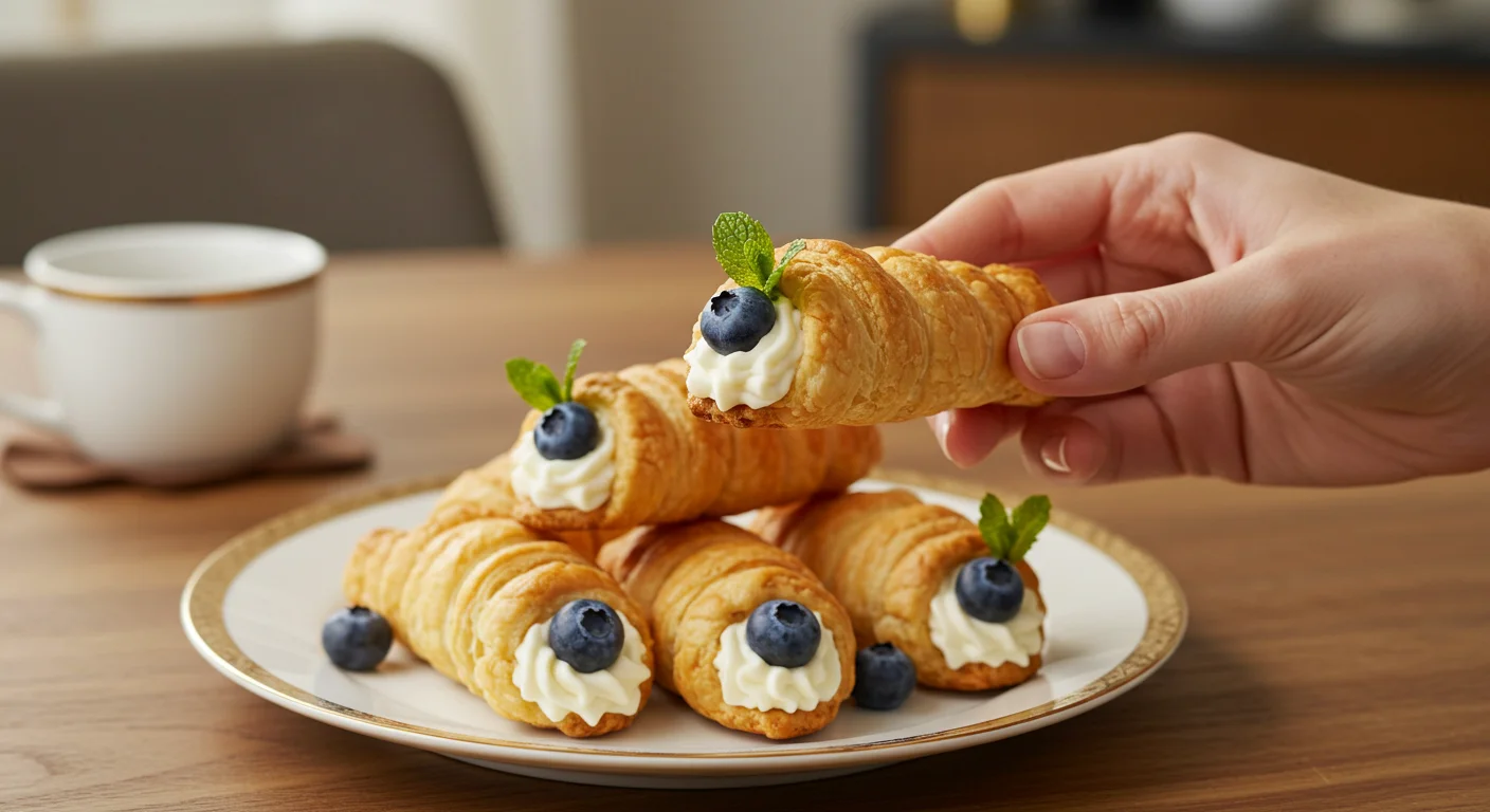 Keto Cream Horns A hand holding a Keto Cream Horn with flaky crust and cream filling, while others rest elegantly on a white plate in a professional setting.