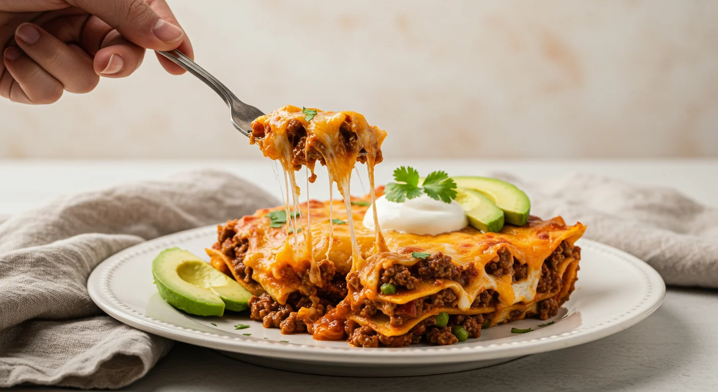 Mexican Keto Taco Lasagna Plated Mexican Keto Taco Lasagna garnished with sour cream and avocado, with a hand lifting a cheesy bite using a silver spoon.