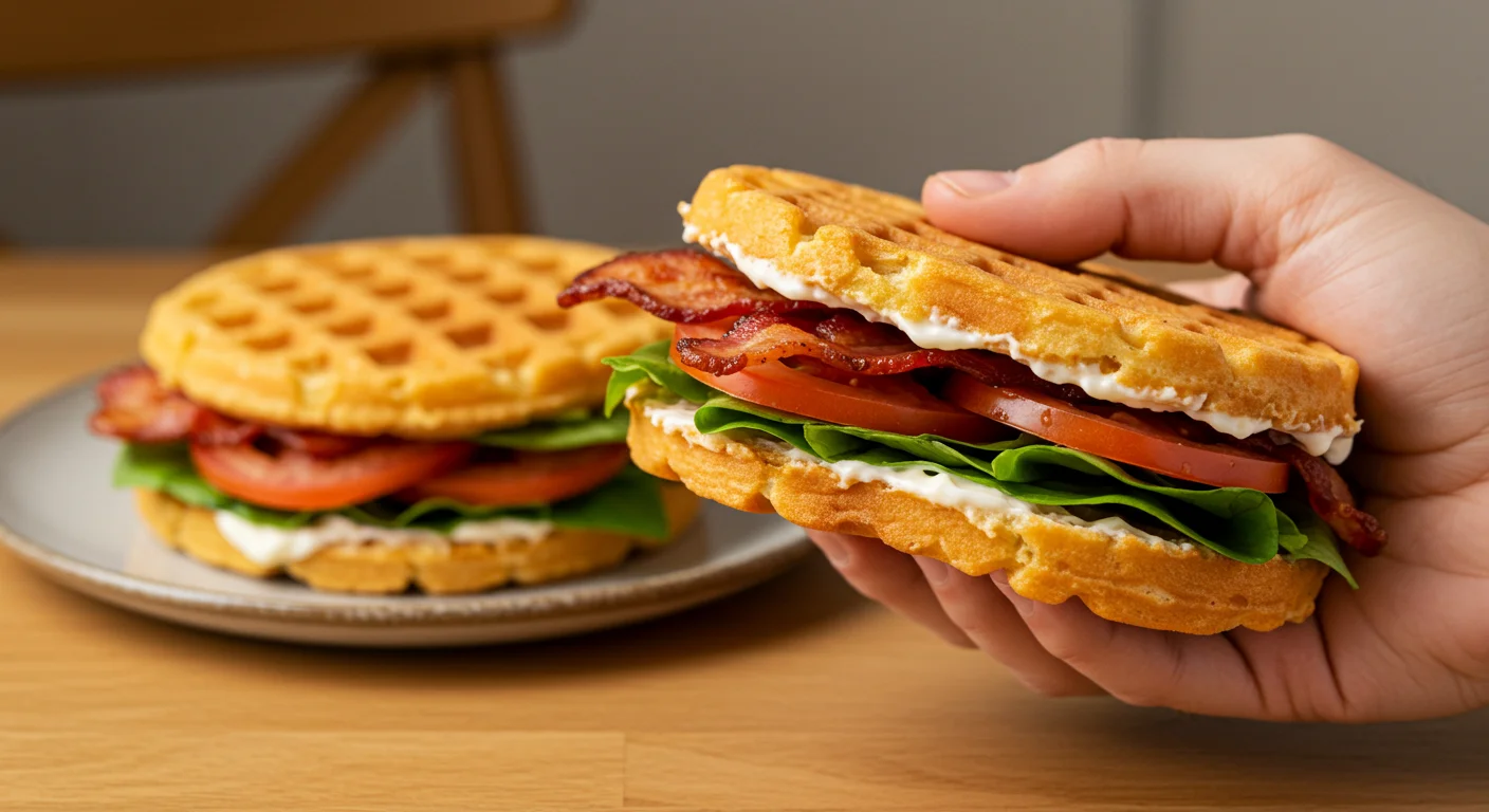 Keto BLT Chaffle Sandwich Hand holding a Keto BLT Chaffle Sandwich with chaffles, lettuce, tomato, and bacon, with another sandwich on a plate in the blurred background.