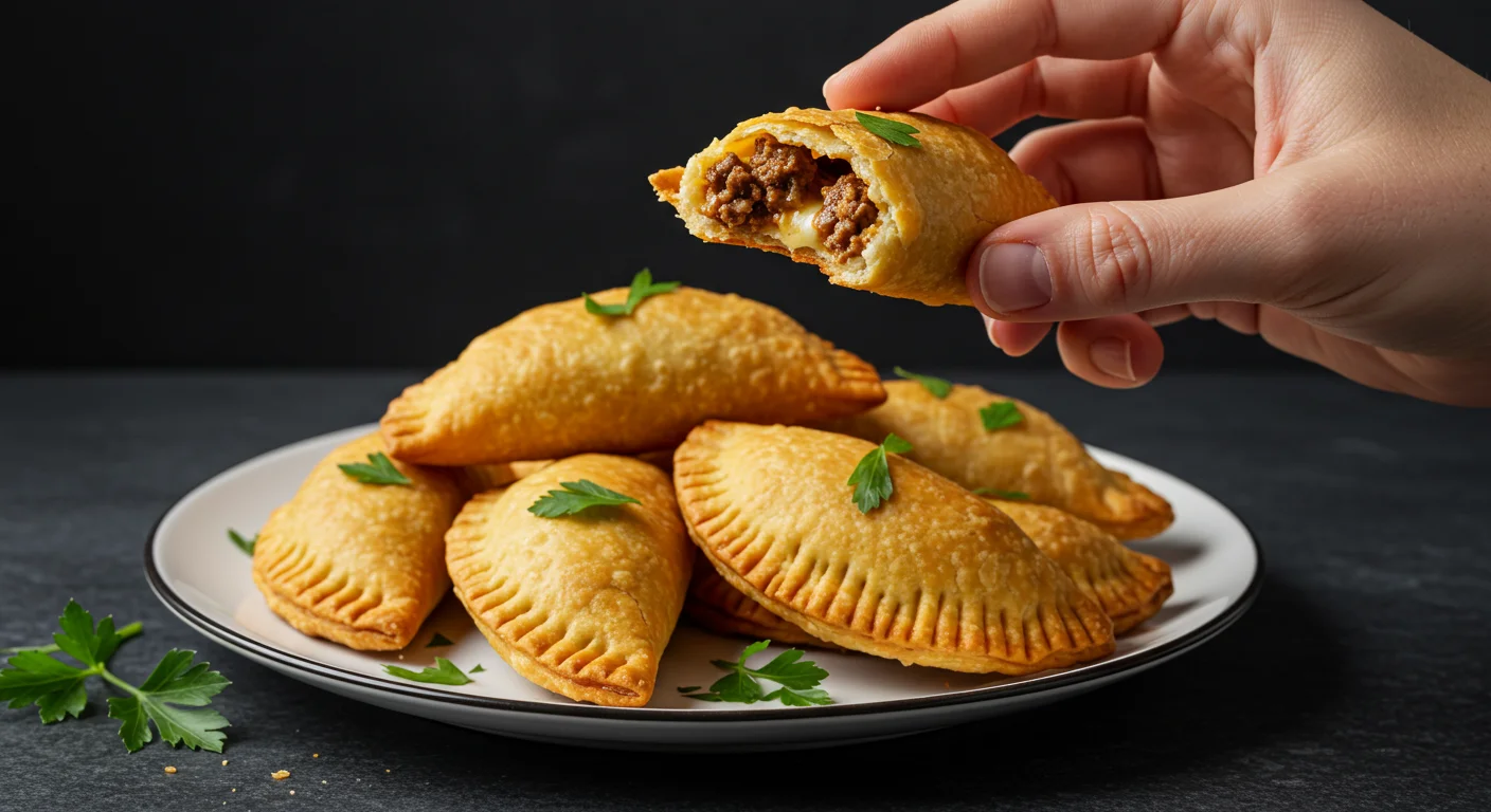 Keto Empanadas Hand holding a golden Keto Empanada with beef and cheese filling, while others are arranged on a white plate with parsley garnish.