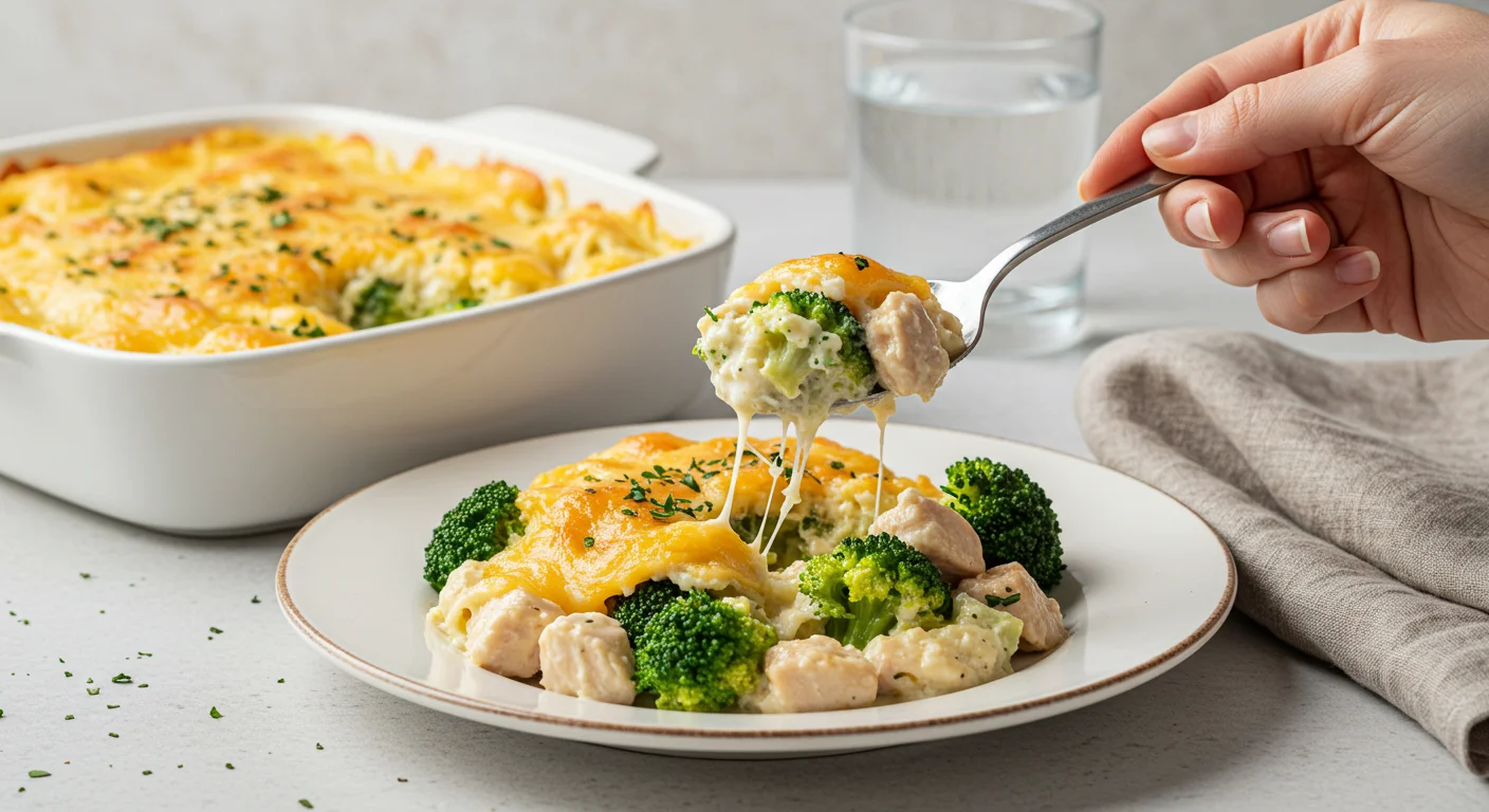 Chicken Broccoli Cream Cheese Casserole Hand holding a spoon scooping Keto Chicken Broccoli Cream Cheese Casserole from a garnished plate.