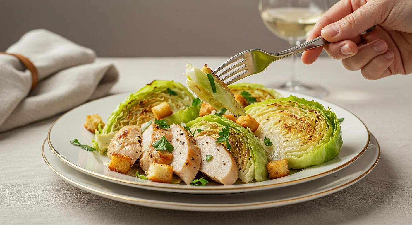 High-Protein Caesar Salad Plate of roasted cabbage Caesar salad with chicken, with a hand holding a fork above the plate, set on an elegant table setting.