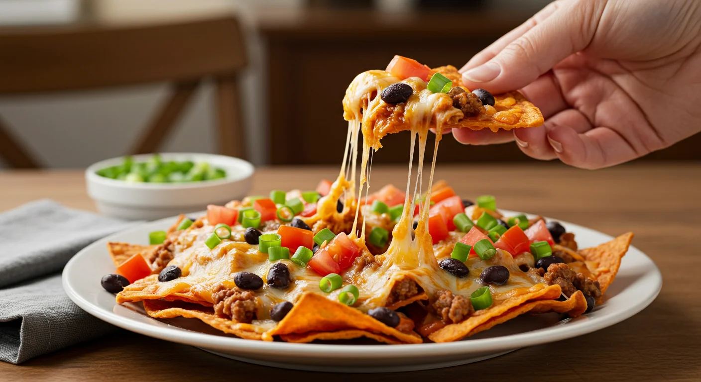 WW Vegetarian Sweet Potato Nachos Hand holding a portion of WW Vegetarian Sweet Potato Nachos from a styled plate, with colorful toppings and a blurred elegant background.