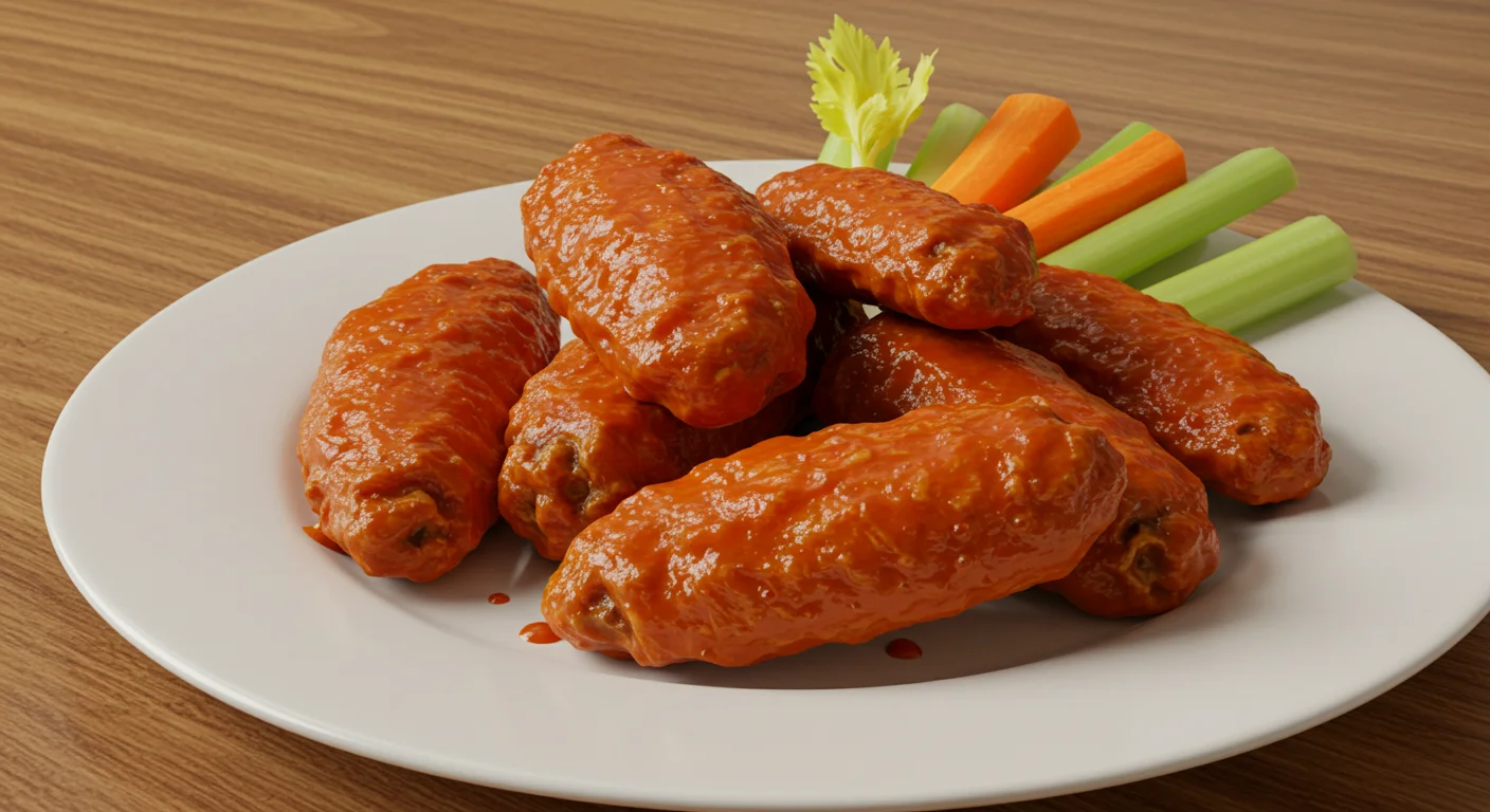 High-Protein Buffalo Wings High-Protein Buffalo Wings on a white plate with celery and carrot sticks, casually photographed on a wooden table.