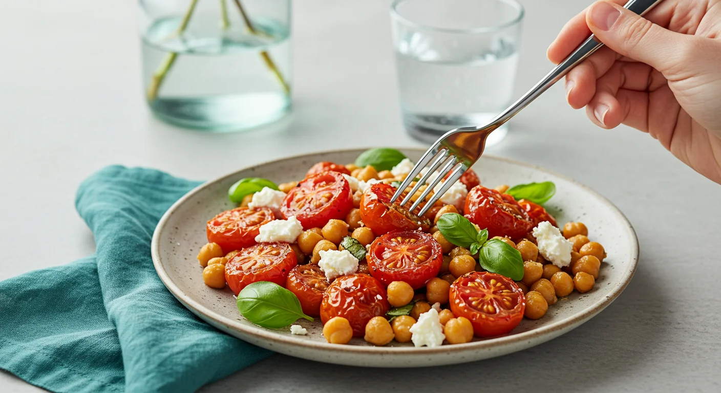 High-Protein Feta & Tomato Chickpeas High-Protein Feta & Tomato Chickpeas on a ceramic plate with a fork mid-air, teal napkin, and water glass in soft lighting.