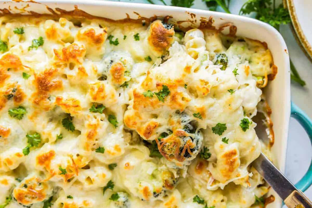 High Protein Alfredo Baked Pasta with Broccoli
