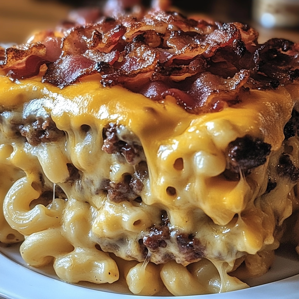 High Protein BBQ Bacon Cheeseburger Mac and Cheese Casserole