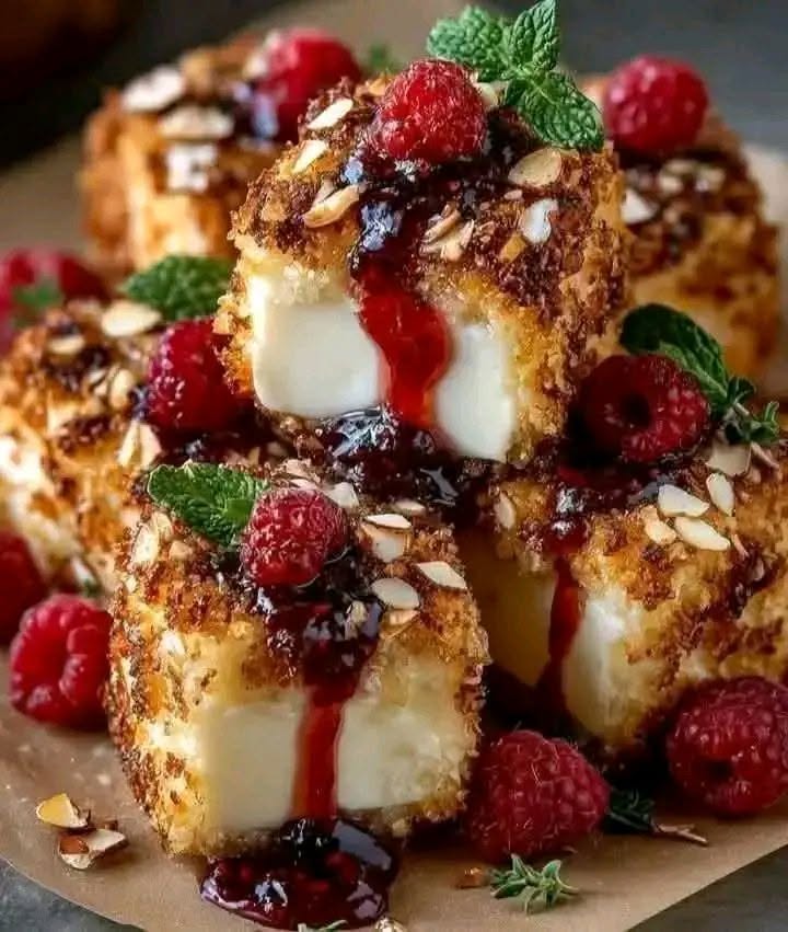 Almond-Crusted Brie Bites with Raspberry Honey Glaze