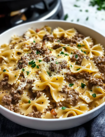 High Protein Cheesy Garlic Butter Beef Bowtie Pasta