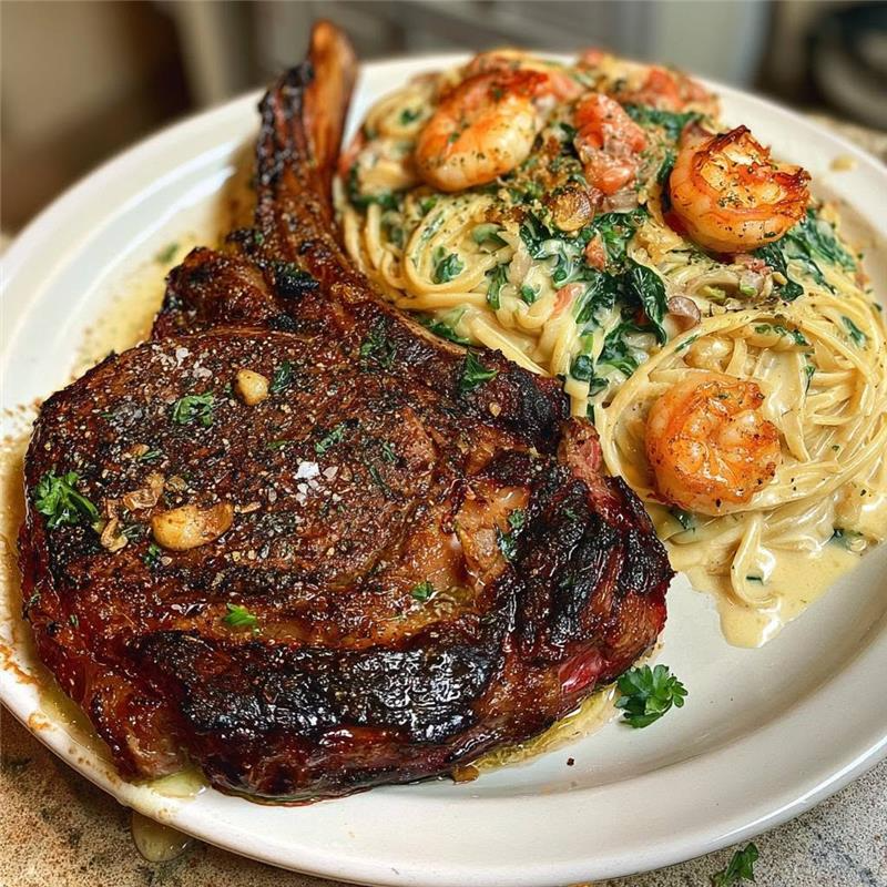 High-Protein Garlic Butter Ribeye with Creamy Cajun Shrimp Pasta