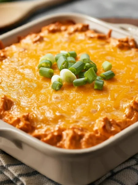WW Baked Buffalo Chicken Dip Handheld photo of WW Baked Buffalo Chicken Dip in a baking dish, with bubbling cheddar cheese and scallion garnish, captured in a cozy, home-style setting.