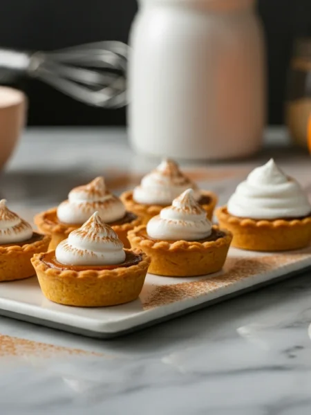 5-ingredient Pumpkin Pie Tartlets Pumpkin pie tartlets topped with whipped cream on a white plate, captured casually on a marble countertop with blurred kitchen tools.