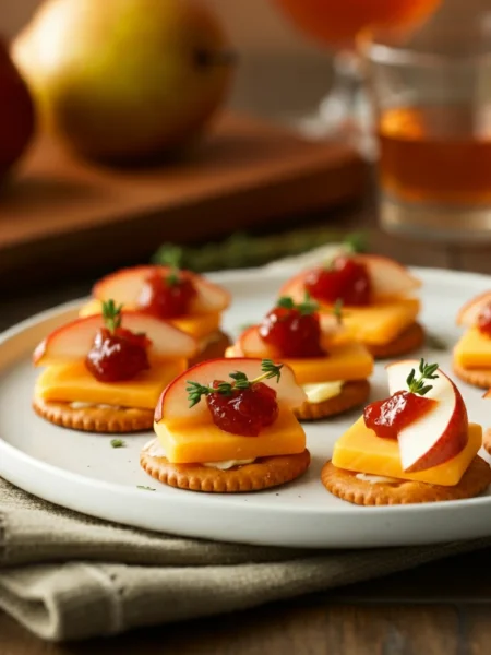Spicy Pear-And-Cheddar Bites Spicy Pear-And-Cheddar Bites on a white plate, topped with cheddar, pear slices, pepper jelly, and thyme, in a cozy homemade dining setup.