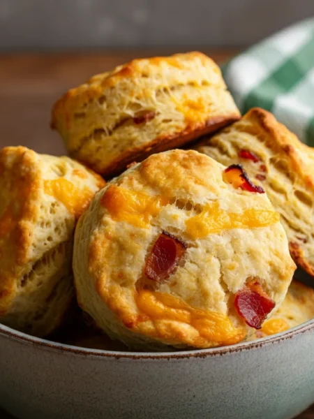 Keto Bacon & Cheese Biscuits Golden brown Keto Bacon and Cheese Biscuits in a rustic bowl with visible bacon and cheese, casually shot on a kitchen counter with a green napkin.