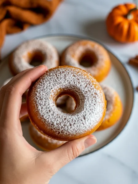 WW Pumpkin Spice Doughnuts A hand holding a pumpkin spice doughnut, with a plate of more doughnuts and autumn decor in the background on a marble countertop.