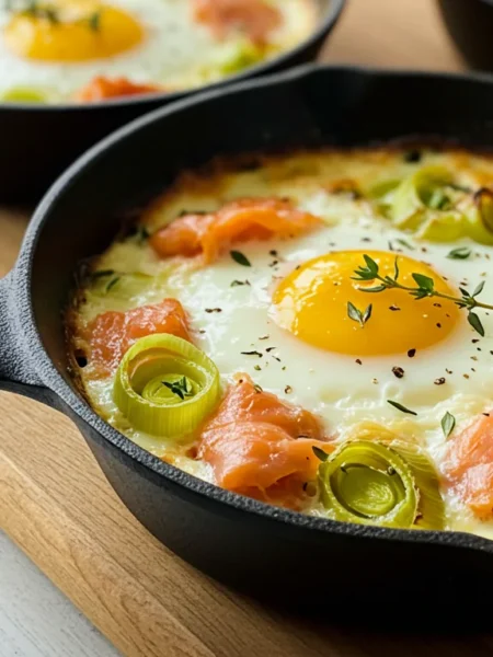 Keto Eggs & Smoked Salmon Close-up of keto eggs and salmon in black pans, showing golden yolks, creamy sauce, and thyme, taken from a side angle.