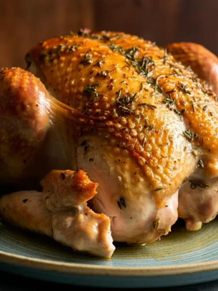 Herb Roasted Turkey Breast Golden Herb Roasted Turkey Breast on a ceramic plate, taken from above with fresh herbs nearby.