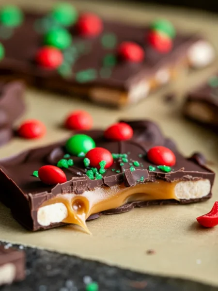 Keto Christmas Cracker Candy Close-up of Keto Christmas Cracker Candy with chocolate, caramel, and red and green toppings on parchment paper.
