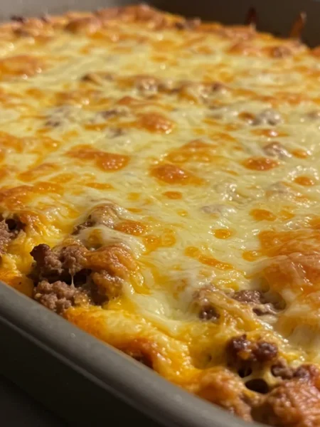 Keto Hamburger Bake Cheeseburger Casserole Freshly baked keto cheeseburger casserole in a pan with golden cheese topping, captured casually on a kitchen countertop.