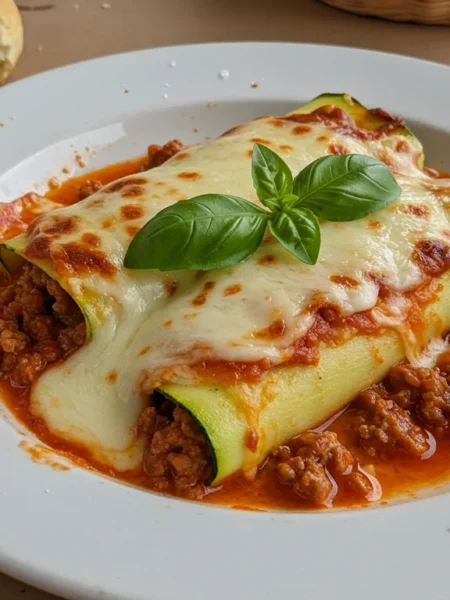 WW Zucchini Cannelloni with Pork Ragu Overhead shot of zucchini cannelloni on a white plate, topped with melted cheese and basil, with a fork and a partially eaten roll in the background.