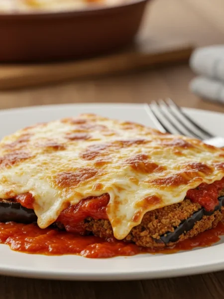 WW Eggplant Parmesan Close-up of Eggplant Parmesan with crispy cheese and marinara, served on a white plate with a fork, on a rustic wooden table.