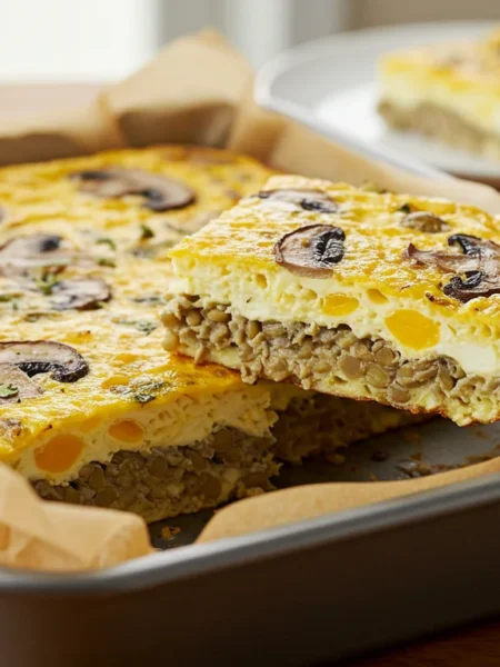 WW One-Point Protein-Packed Breakfast Side view of baked egg, lentil, and mushroom slice in a parchment tin, showing layers with a plate in the blurred background.