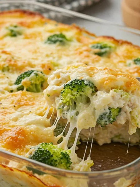 Chicken Broccoli Cream Cheese Casserole Angled view of bubbling Keto Chicken Broccoli Cream Cheese Casserole with a serving spoon in the dish.