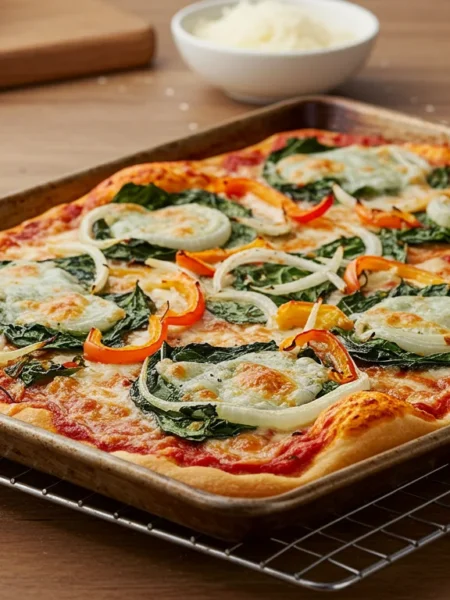 Crispy Sheet Pan Pizza Side view of a crispy sheet pan pizza on a cooling rack with bubbling cheese and scattered kitchen tools on the counter.