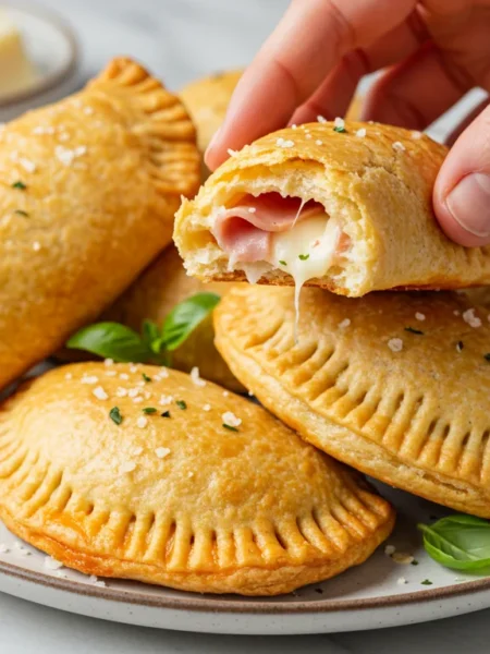 Keto Hot Pockets Hand holding a golden keto hot pocket with cheese and ham filling, remaining pockets on a plate with basil garnish in a classy setting.