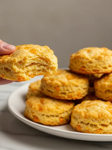 Keto Cheddar Biscuits Hand holding a golden keto cheddar biscuit, with more biscuits on a white plate on a marble countertop.