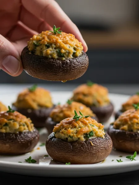 WW Stuffed Mushrooms A hand holding a stuffed mushroom above a white plate of roasted mushrooms, with a blurred kitchen background.