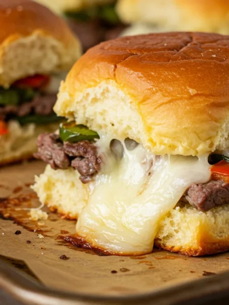Keto Philly Cheesesteak Sliders Freshly baked Keto Philly Cheesesteak Sliders with melted cheese and juicy steak, captured in a home kitchen with a handheld mobile camera.
