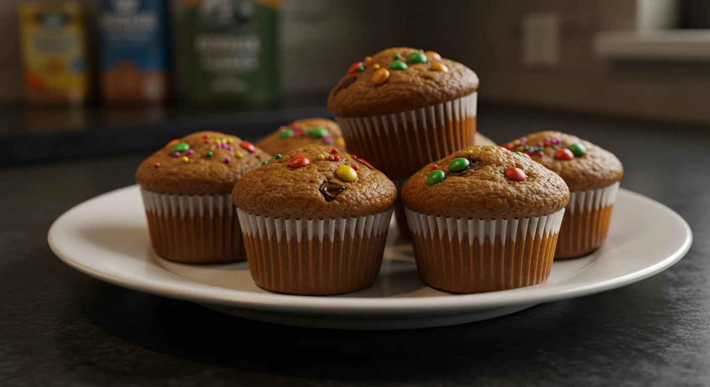 WW Kodiak Cakes Muffins A plate of freshly baked WW Kodiak Cakes Muffins with chocolate chips and sprinkles, captured in a home kitchen with warm lighting.