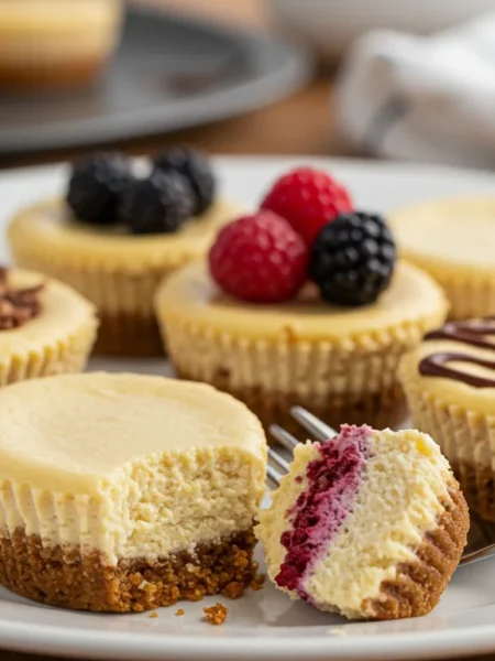 Keto Mini Cheesecakes A close-up of keto mini cheesecakes on a white plate, showing a creamy filling, crumbly almond flour crust, and berry toppings.