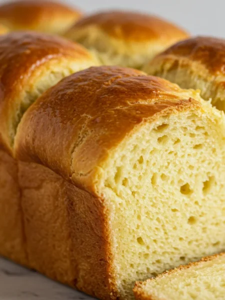 Keto Brioche Side-angle shot of keto brioche, highlighting its airy texture and buttery crust on a cooling rack.