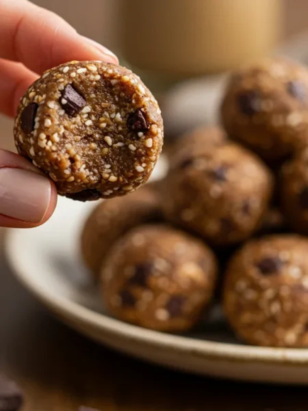 Dehydrated Cookie Dough Bliss Balls Hand holding a bliss ball with more arranged on a ceramic plate in the background.